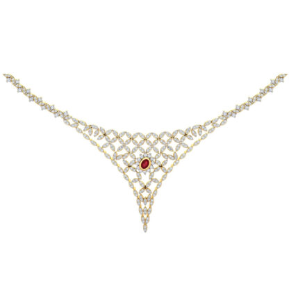 Side profile of yellow gold diamond lattice necklace showing depth