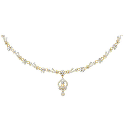Front view of yellow gold necklace with diamond leaf and flower motifs and pear pendant