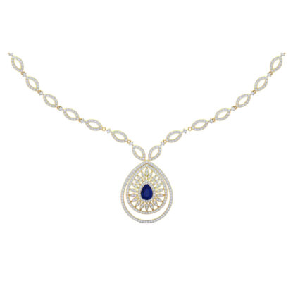 Close-up of yellow gold pendant showing the pear-cut blue sapphire centre