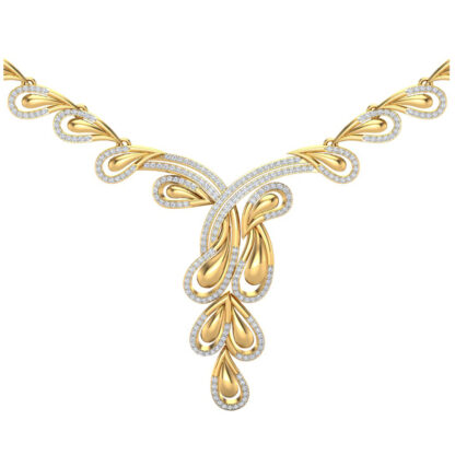 Side profile of yellow gold diamond leaf necklace showing link depth