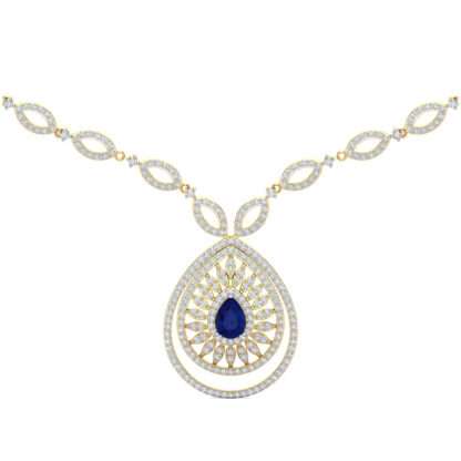 Front view of yellow gold necklace with marquise diamond links and a sapphire sunburst pendant