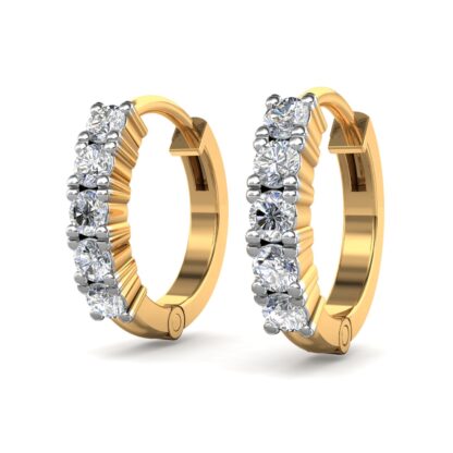 Yellow gold channel-set diamond huggie hoop earrings, angled view