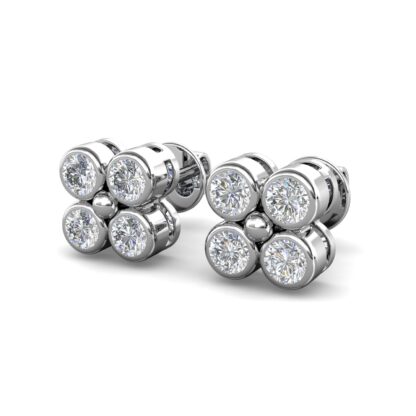 White gold bezel-set diamond cluster stud earrings, angled view