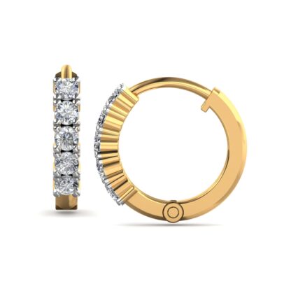 Yellow gold diamond huggie hoop earrings, close-up