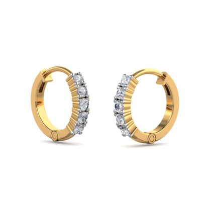 Yellow gold diamond huggie hoop earrings, perspective view