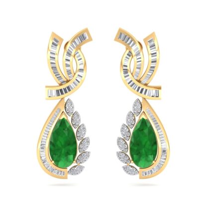 Side view of yellow gold emerald drop earrings showing the screw-back post