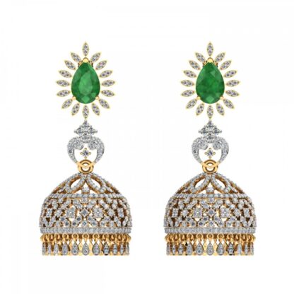 Yellow gold emerald diamond jhumka earrings, front view