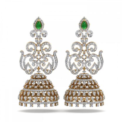 Yellow gold ornate emerald diamond jhumka earrings, angled view