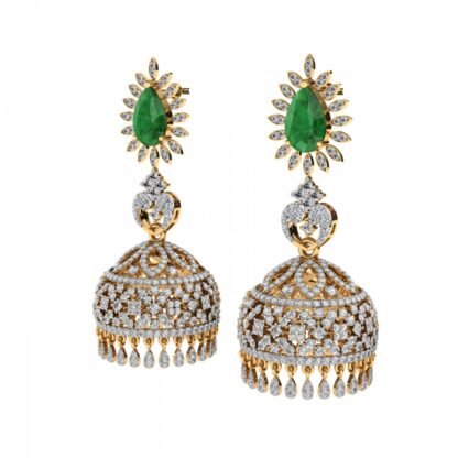 Yellow gold emerald diamond jhumka earrings, angled view