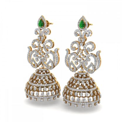 Yellow gold ornate emerald diamond jhumka earrings, front view