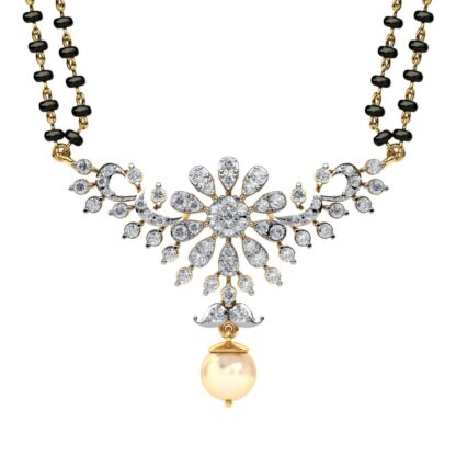 Yellow gold diamond leaf cluster mangalsutra pendant, front view