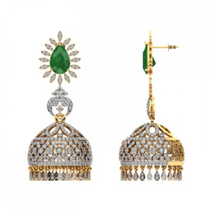 Yellow gold emerald diamond jhumka earrings, side view