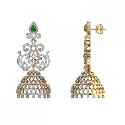 Yellow gold ornate emerald diamond jhumka earrings, side view