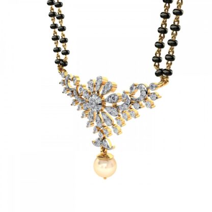 Yellow gold diamond leaf cluster mangalsutra pendant with pearl, side view