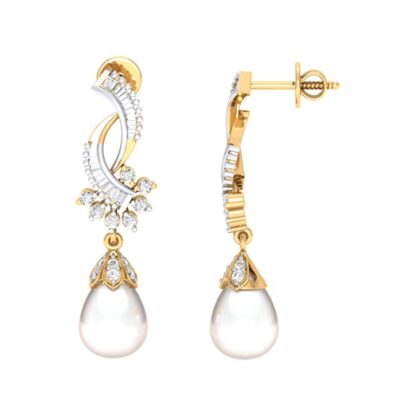 Yellow gold pearl drop earrings, angled view