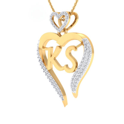 Yellow gold diamond heart pendant with monogram initials, front view