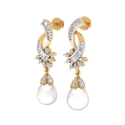 Yellow gold pearl drop earrings, side view