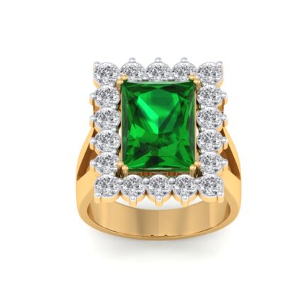 Front view of yellow gold emerald diamond halo split shank ring