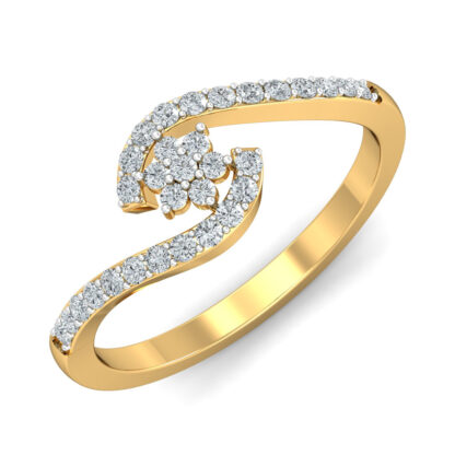 Perspective view of yellow gold bypass ring with seven-stone diamond flower between pave diamond swirls