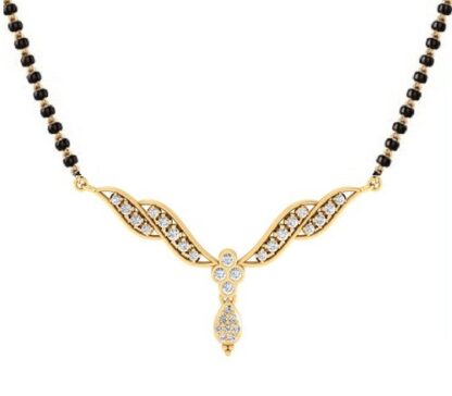Front view of yellow gold mangalsutra with diamond wing bars and a bezel-set drop