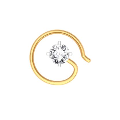 Front view of yellow gold hook nose pin with a prong-set diamond, 0.15 carat