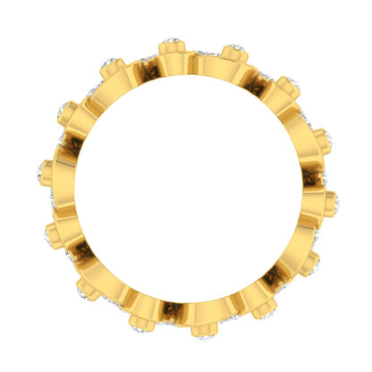 Top-down view of yellow gold scroll band showing the bezel-set diamonds around the circle