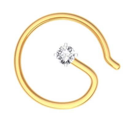 Front view of yellow gold hook nose pin with a prong-set diamond, 0.03 carat