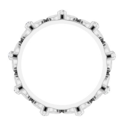 Top-down view of white gold flower band showing the bezel-set diamonds around the circle