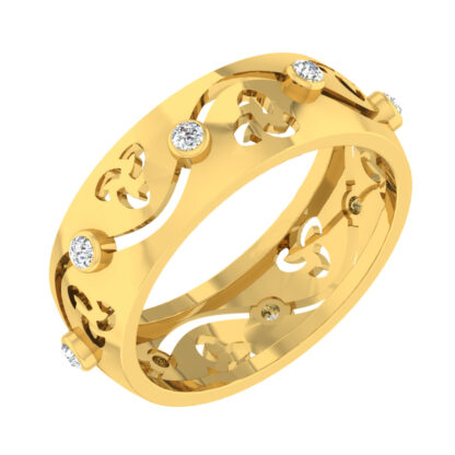 Perspective view of wide yellow gold band with scroll cutouts and bezel-set diamonds on a wave