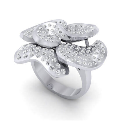 Perspective view of white gold flower ring with overlapping petals studded with flush-set diamonds