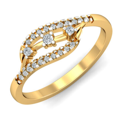 Perspective view of yellow gold ring with open leaf-shaped frame of bar-set diamonds and three prong-set center stones