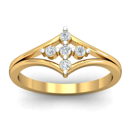 Front view of yellow gold ring with five round diamonds arranged in a cross within a V-shaped frame