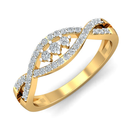 Perspective view of yellow gold twisted band ring with pave diamond eye frame and three-stone diamond center