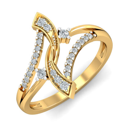 Perspective view of yellow gold ring with two interlocking diamond ribbon arcs and prong-set accent diamonds