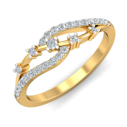 Perspective view of yellow gold leaf bypass ring with scattered prong-set diamonds along a pave diamond arc