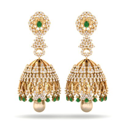 Front view of yellow gold jhumka earrings with a diamond dome and emerald drops