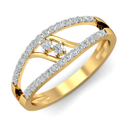 Perspective view of yellow gold split band ring with two center diamonds between pave diamond rows