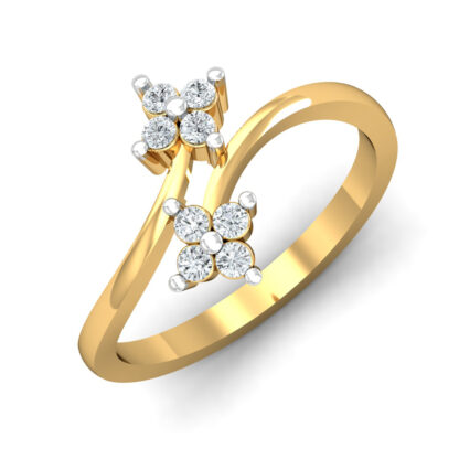 Perspective view of yellow gold bypass ring with two four-stone diamond clover clusters