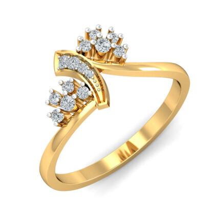 Perspective view of yellow gold bypass ring with two crown-style diamond fan clusters and a pave diamond blade