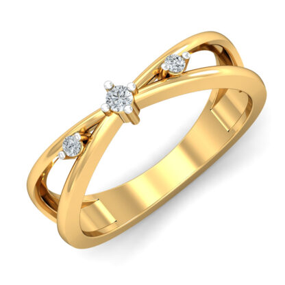 Perspective view of yellow gold crossover band ring with three prong-set round diamonds