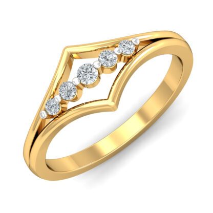 Perspective view of yellow gold split shank ring with five graduated diamonds in an open kite frame
