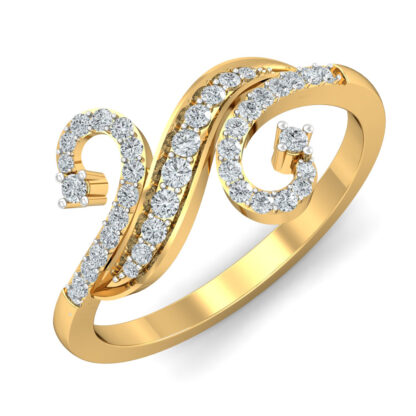 Perspective view of yellow gold ring with a graduated diamond S-scroll and curling pave diamond ends
