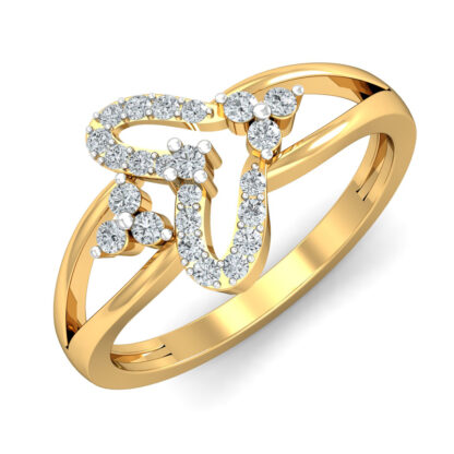 Perspective view of yellow gold split shank ring with looping pave diamond ribbon and round diamond trios