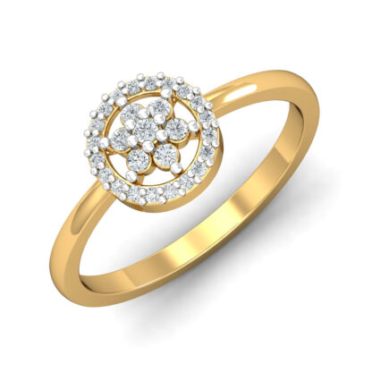 Perspective view of yellow gold ring with seven-stone diamond flower inside a circular diamond halo