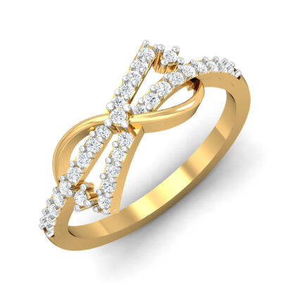 Perspective view of yellow gold ring with crossing pave diamond ribbons forming an infinity shape