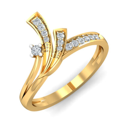 Perspective view of yellow gold bypass ring with three pave diamond blades and a prong-set solitaire