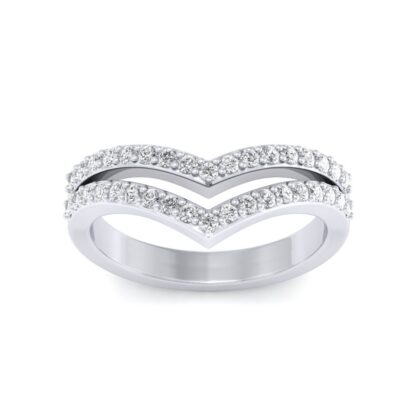Angled view of white gold or platinum double V chevron pave diamond ring