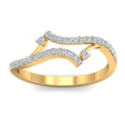 Front view of yellow gold bypass ring with curving pave diamond arcs and two prong-set round diamonds