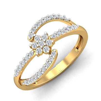 Front view of yellow gold diamond flower figure-eight ring