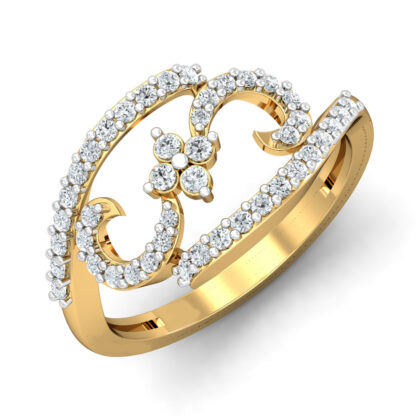 Front view of yellow gold diamond clover scroll ring